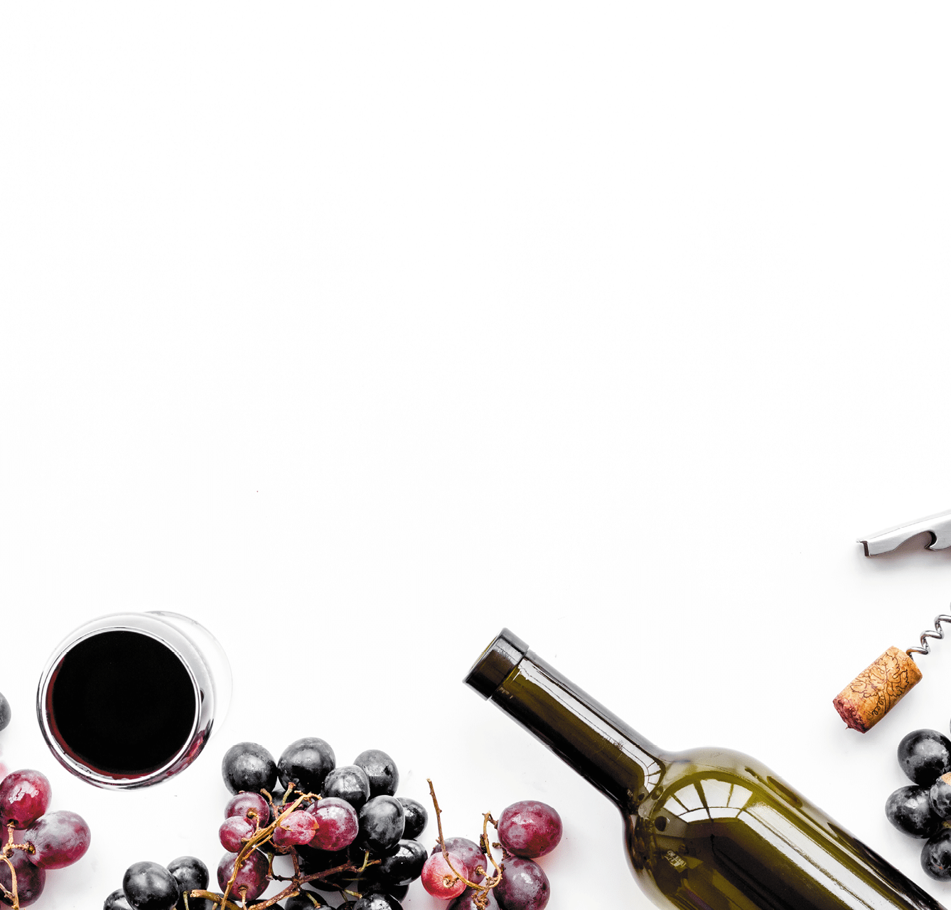 Open the wine  Corkscrew near bottle, glass, grape on white background top view 