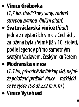   Vinice Gr bovka (1,7 ha, Havl  kovy sady, zn m  stavbou zvanou Vini n  alt n)   Svatov clavsk  vinice (Hrad)   jedn   