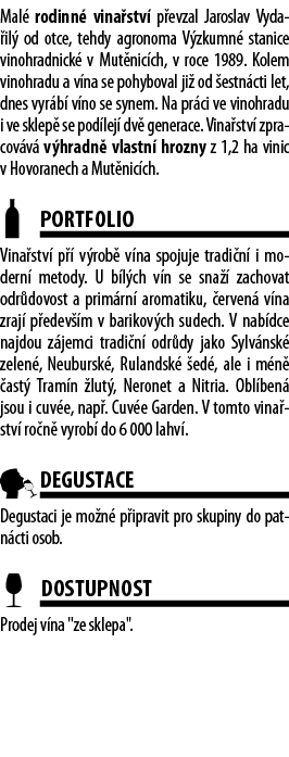 Mal  rodinn  vina stv  p evzal Jaroslav Vyda il  od otce, tehdy agronoma V zkumn  stanice vinohradnick  v Mut nic ch,   