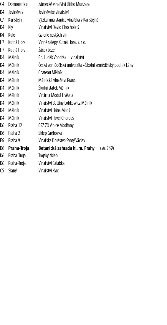 G4,Domousnice,Z meck  vina stv  Ji  ho Munzara,,D4,Jevin ves,Jevin vsk  vina stv ,,C7,Karl tejn,V zkumn  stanice vina   