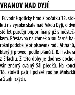 Vranov nad Dyj  P vodn  gotick  hrad z po  tku 12  stolet  na vysok  sk le nad  ekou Dyj , o dv  st  let pozd ji p ip   