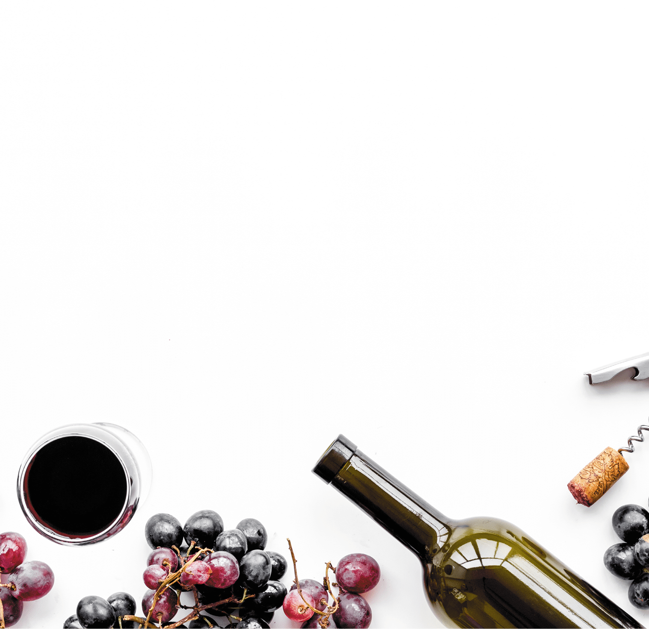 Open the wine  Corkscrew near bottle, glass, grape on white background top view 