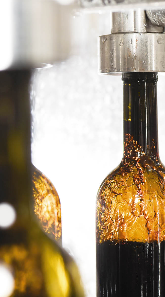 Wine bottle filling along a conveyor belt in a wine bottling factory 