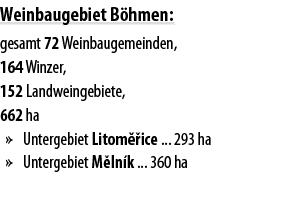 Weinbaugebiet B hmen: gesamt 72 Weinbaugemeinden, 164 Winzer, 152 Landweingebiete, 662 ha   Untergebiet Litom  ice      