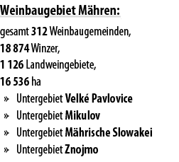 Weinbaugebiet M hren: gesamt 312 Weinbaugemeinden, 18 874 Winzer, 1 126 Landweingebiete, 16 536 ha   Untergebiet Velk   