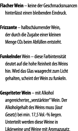 Flacher Wein   keine der Geschmacksnuancen hinterl sst einen bleibenden Eindruck  Frizzante   halbsch umender Wein, d   