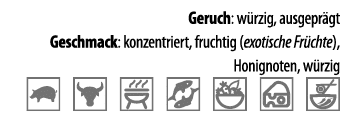Geruch: w rzig, ausgepr gt Geschmack: konzentriert, fruchtig (exotische Fr chte), Honignoten, w rzig    