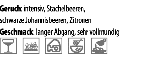 Geruch: intensiv, Stachelbeeren, schwarze Johannisbeeren, Zitronen Geschmack: langer Abgang, sehr vollmundig   