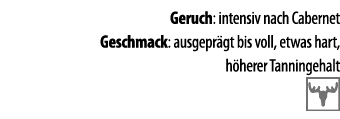 Geruch: intensiv nach Cabernet Geschmack: ausgepr gt bis voll, etwas hart, h herer Tanningehalt 