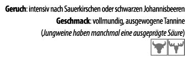 Geruch: intensiv nach Sauerkirschen oder schwarzen Johannisbeeren Geschmack: vollmundig, ausgewogene Tannine (Jungwei   