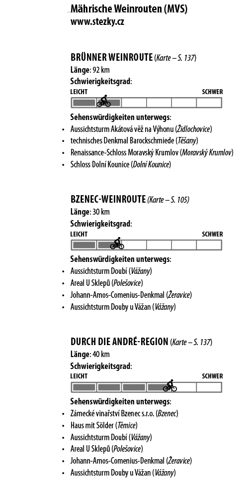 M hrische Weinrouten (MVS) www stezky cz  BR NNER WEINROUTE (Karte   S  137) L nge: 92 km Schwierigkeitsgrad:  Sehens   
