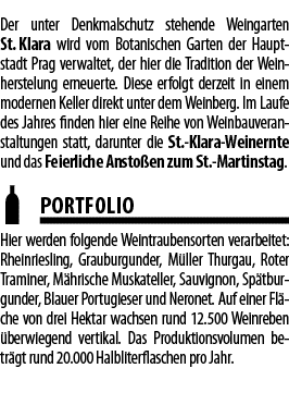 Der unter Denkmalschutz stehende Weingarten St  Klara wird vom Botanischen Garten der Hauptstadt Prag verwaltet, der    