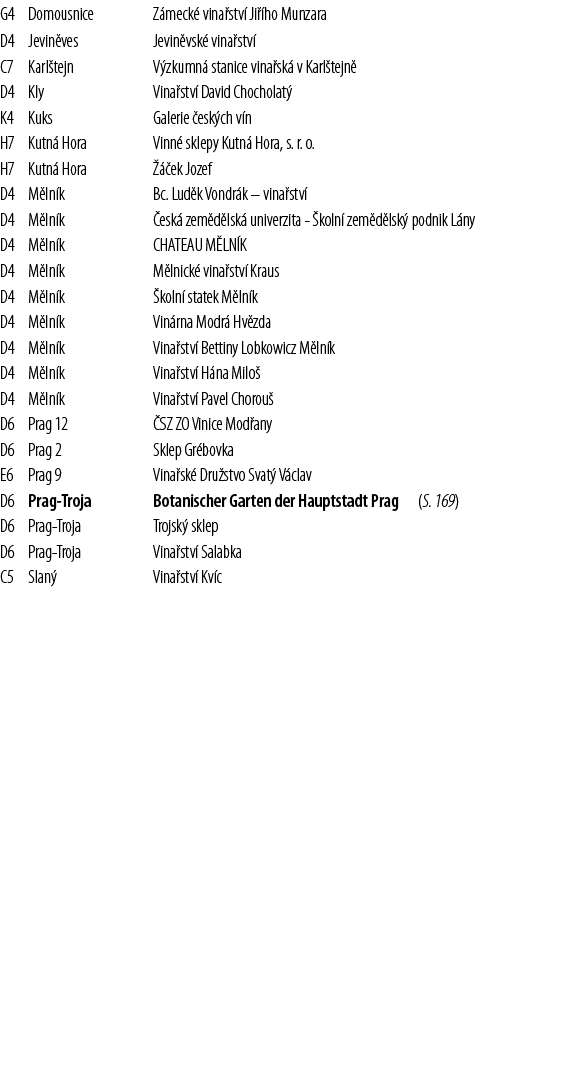 G4,Domousnice,Z meck  vina stv  Ji  ho Munzara,,D4,Jevin ves,Jevin vsk  vina stv ,,C7,Karl tejn,V zkumn  stanice vina   