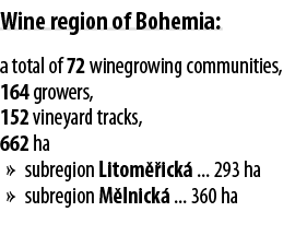 Wine region of Bohemia: a total of 72 winegrowing communities, 164 growers, 152 vineyard tracks, 662 ha   subregion L   