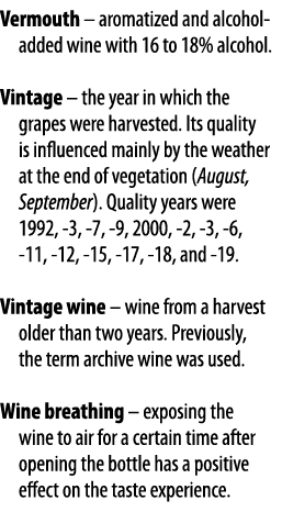 Vermouth   aromatized and alcohol-added wine with 16 to 18% alcohol  Vintage   the year in which the grapes were harv   