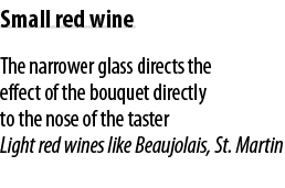 Small red wine The narrower glass directs the effect of the bouquet directly to the nose of the taster Light red wine   