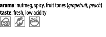 aroma: nutmeg, spicy, fruit tones (grapefruit, peach) taste: fresh, low acidity  