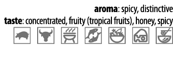 aroma: spicy, distinctive taste: concentrated, fruity (tropical fruits), honey, spicy    