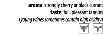 aroma: strongly cherry or black currant taste: full, pleasant tannins (young wines sometimes contain high acidity)  