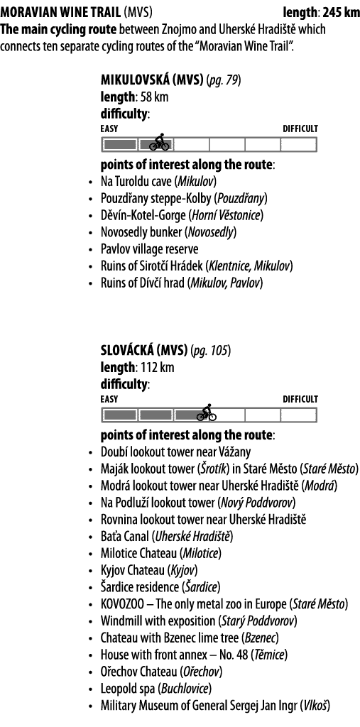 MORAVIAN WINE TRAIL (mvs) length: 245 km The main cycling route between Znojmo and Uhersk  Hradi t  which connects te   