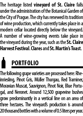 The heritage listed vineyard of St  Claire falls under the administration of the Botanical Garden of the City of Prag   