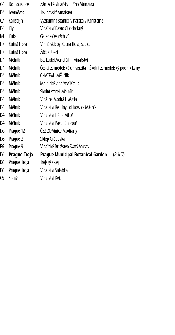 G4,Domousnice,Z meck  vina stv  Ji  ho Munzara,,D4,Jevin ves,Jevin vsk  vina stv ,,C7,Karl tejn,V zkumn  stanice vina   